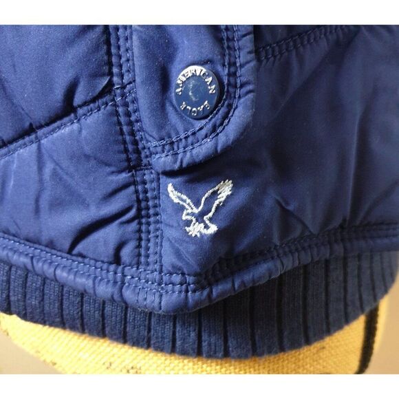 American Eagle Womens Hooded Vest M Blue Puffer Vest Faux Fur Hood - Picture 7 of 10